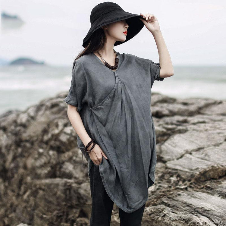 Women gray tunic pattern v neck asymmetric Art summer shirt - Omychic