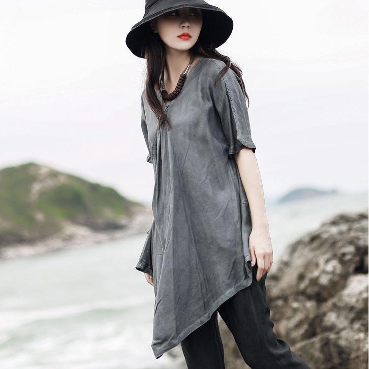 Women gray tunic pattern v neck asymmetric Art summer shirt - Omychic