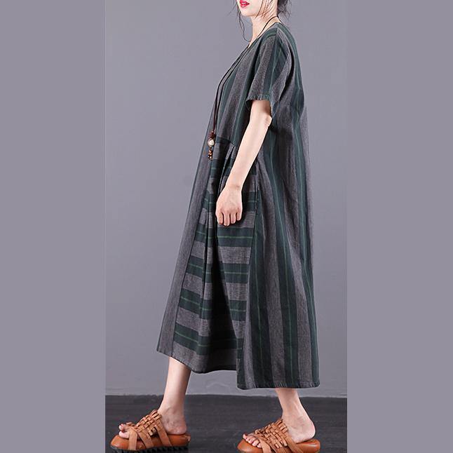 Women green Plaid cotton dress o neck patchwork pockets summer Dress - Omychic