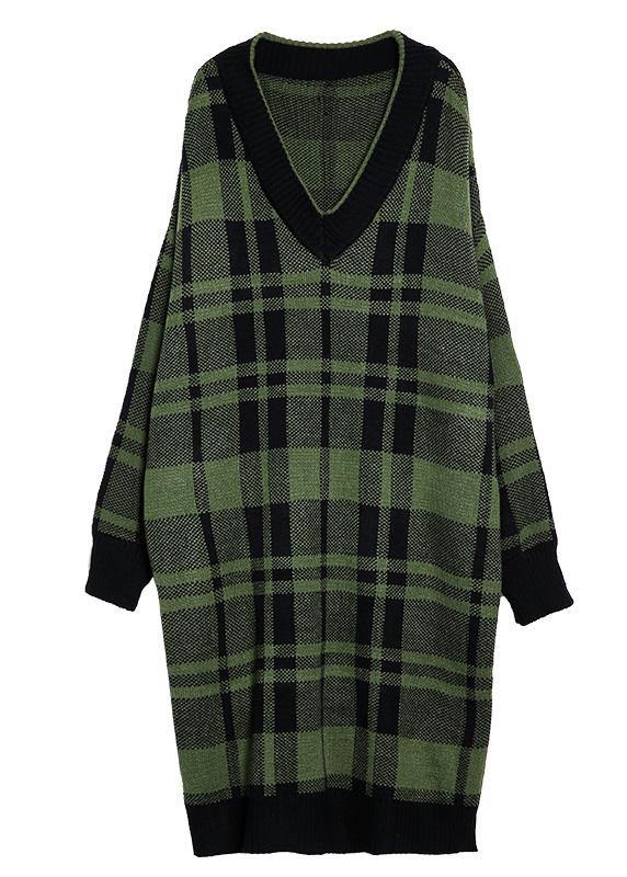 Women green plaid Cotton Long Shirts side open daily v neck Dress