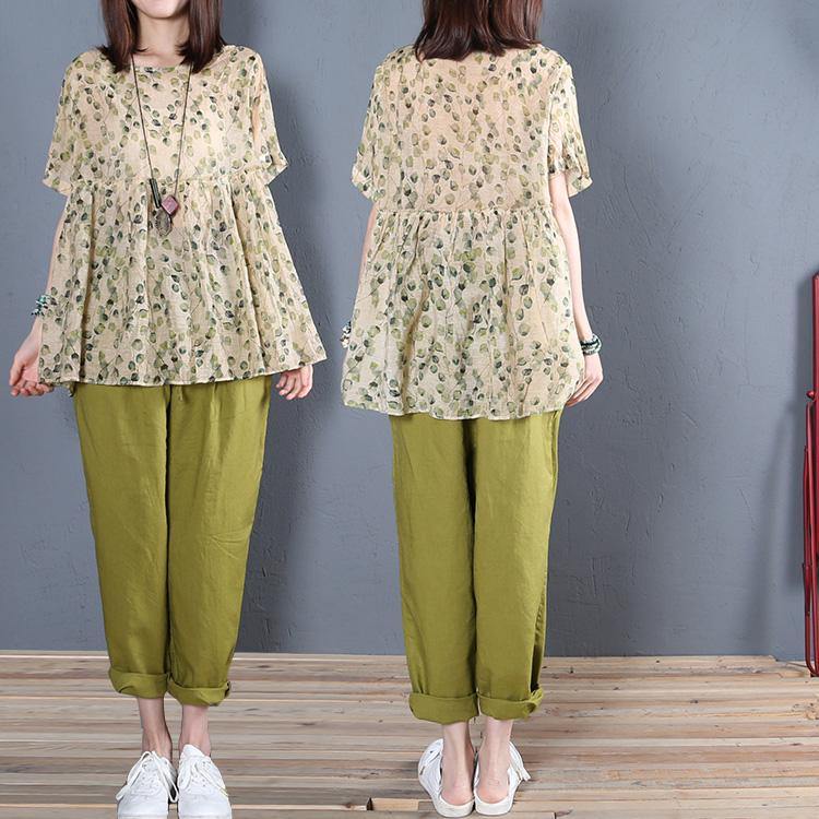 Women green print cotton shirts women wrinkled o neck tunic summer blouses - Omychic