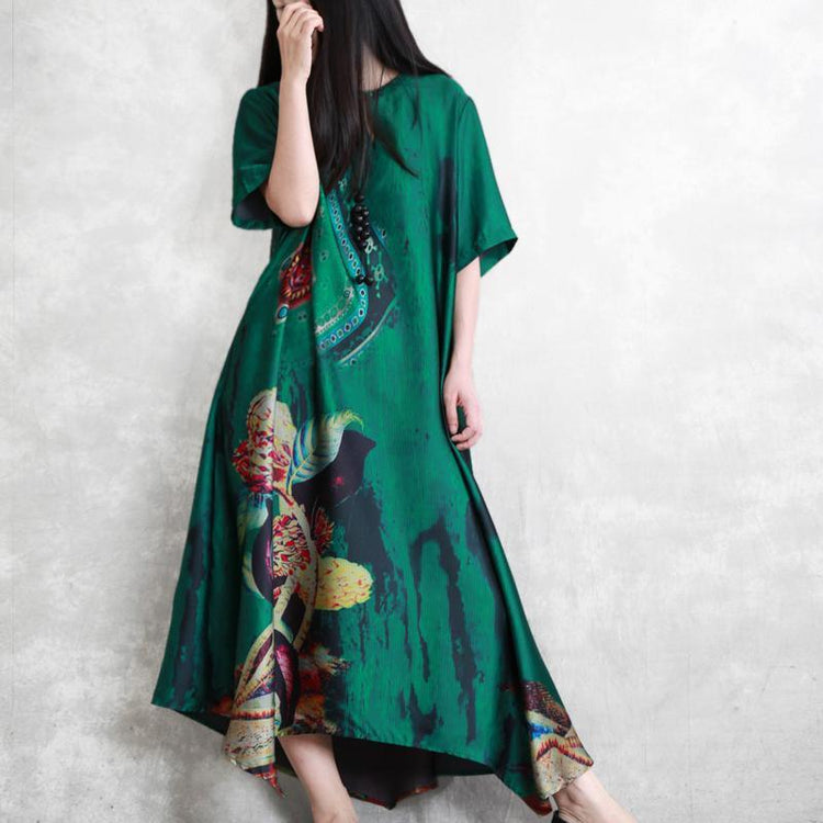 Women green print silk clothes For Women Work Outfits o neck asymmetric Summer Dresses - Omychic