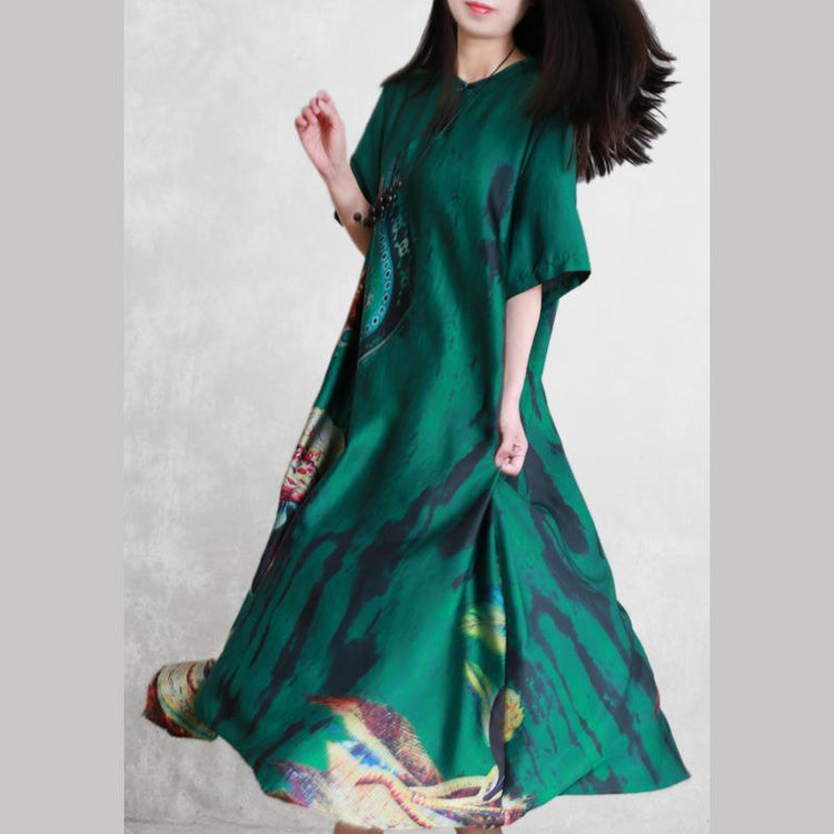 Women green print silk clothes For Women Work Outfits o neck asymmetric Summer Dresses - Omychic