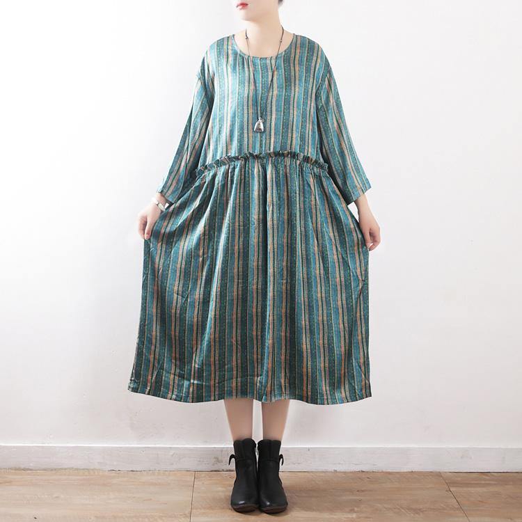Women green striped dress top quality Sewing long Summer O neck Dresses - Omychic
