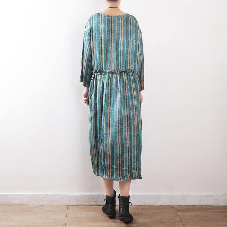 Women green striped dress top quality Sewing long Summer O neck Dresses - Omychic
