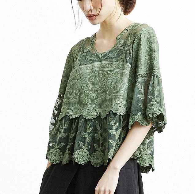 Women half sleeve cotton crane tops Cotton green v neck tops summer - Omychic