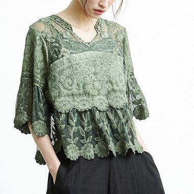 Women half sleeve cotton crane tops Cotton green v neck tops summer - Omychic