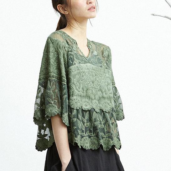 Women half sleeve cotton crane tops Cotton green v neck tops summer - Omychic