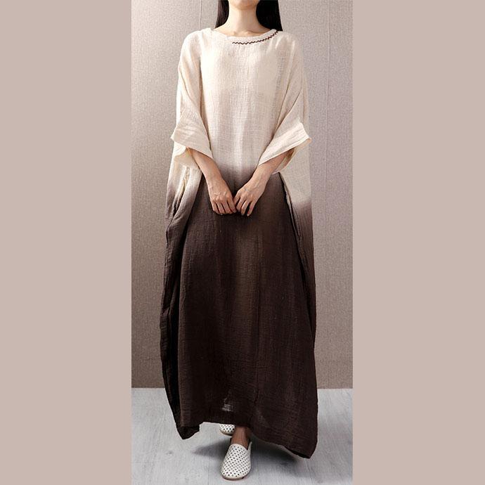 Women half sleeve linen dresses linen brown loose waist Dresses summer - Omychic