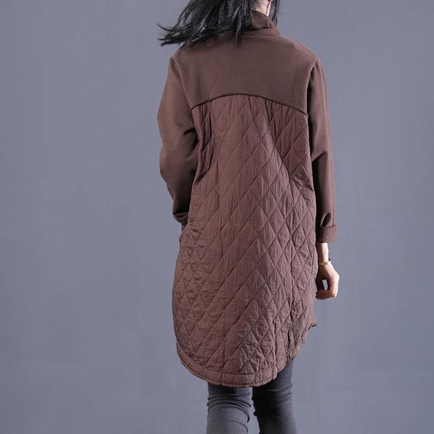 Women high neck Cotton patchwork tunic top linen brown Dress - Omychic