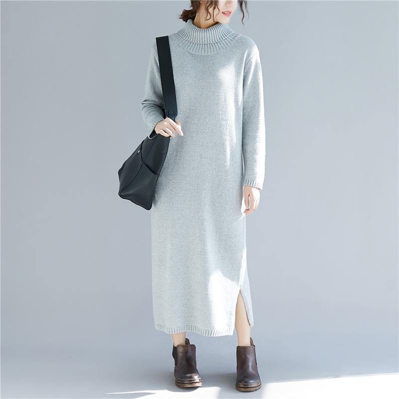Women high neck Sweater outfits Largo gray DIY knitted dress fall - Omychic