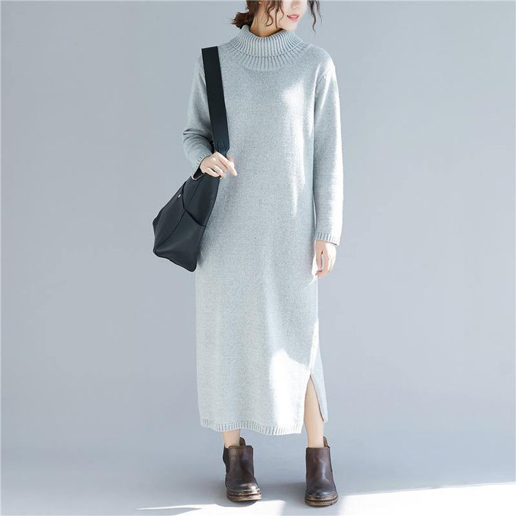 Women high neck Sweater outfits Largo gray DIY knitted dress fall - Omychic