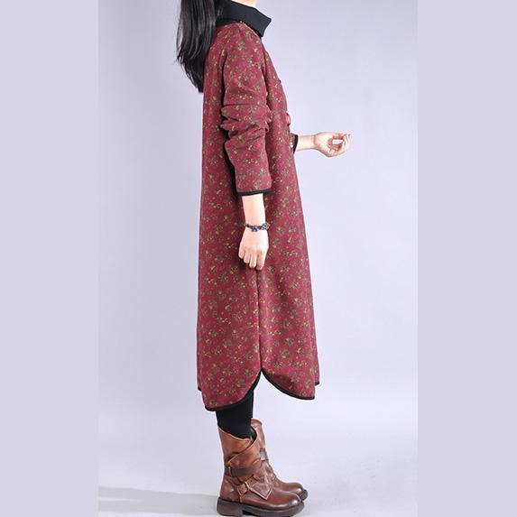 Women high neck cotton winter tunic pattern Shape red prints A Line Dress - Omychic
