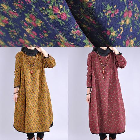 Women high neck cotton winter tunic pattern Shape red prints A Line Dress - Omychic