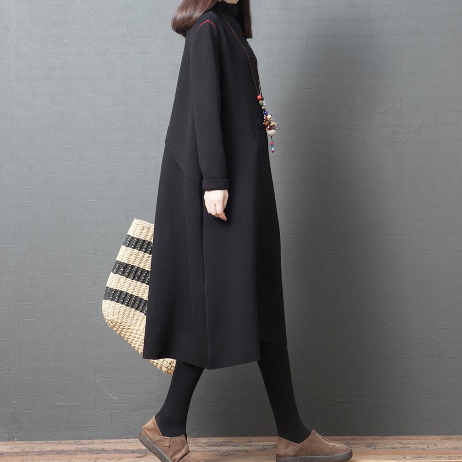 Women high neck patchwork cotton Tunics Sewing black Plus Size Dress - Omychic