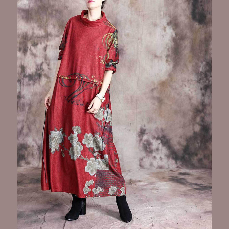 Women high neck patchwork fall Tunics Sewing red print Maxi Dress - Omychic