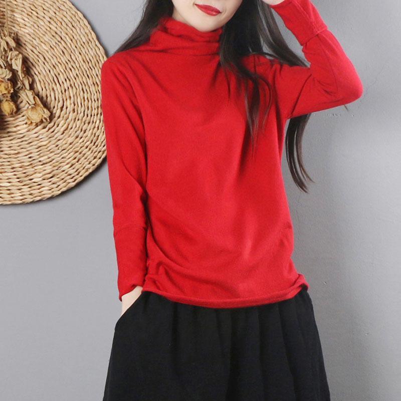Women high neck red knit tops casual long sleeve knitted t shirt - Omychic