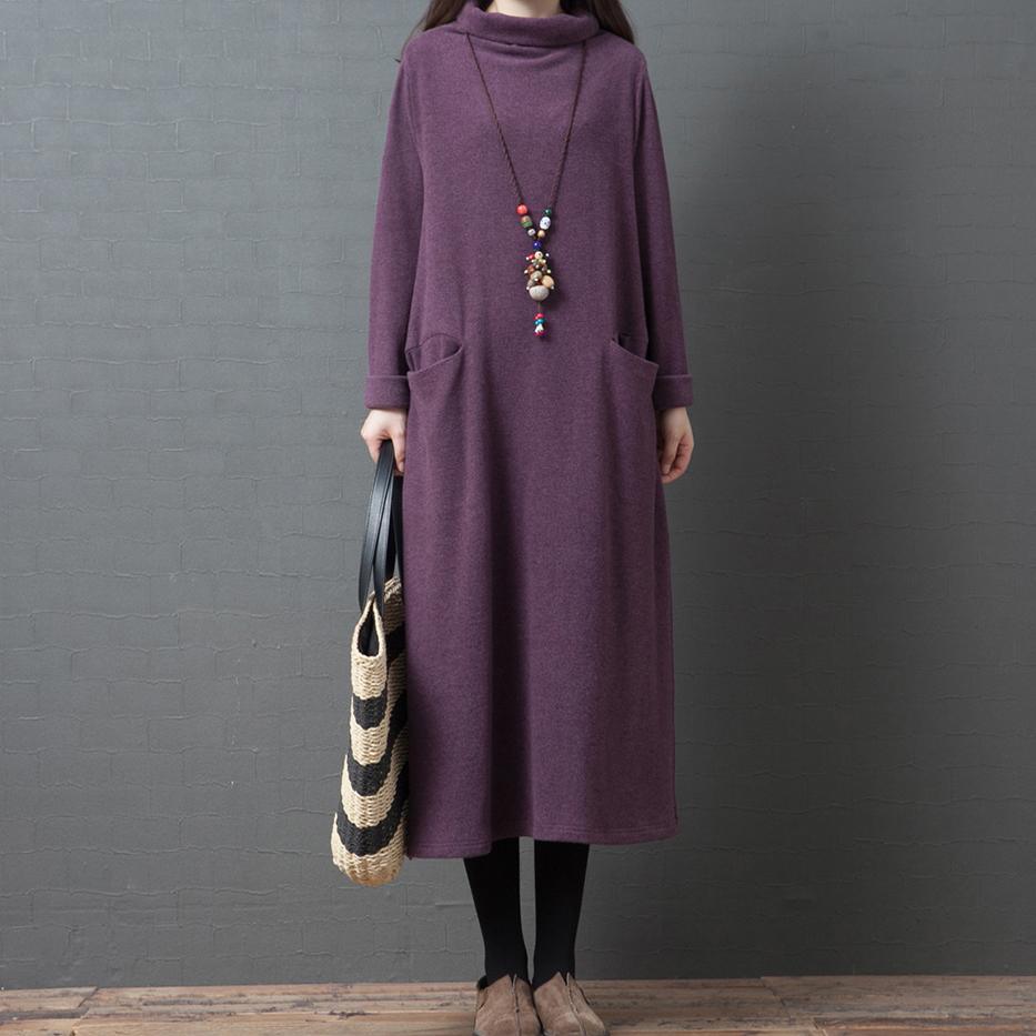 Women high neck side open cotton fall Wardrobes linen purple Plus Size Dresses - Omychic