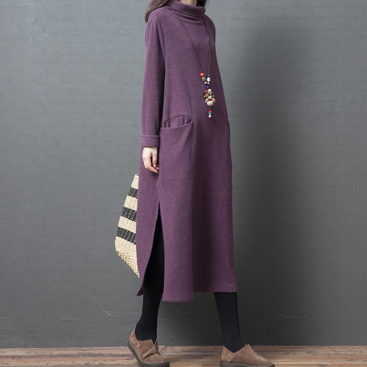 Women high neck side open cotton fall Wardrobes linen purple Plus Size Dresses - Omychic