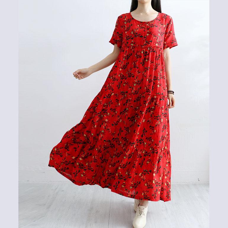 Women high waist cotton Tunics Tutorials red short sleeve prints Robe Dress summer - Omychic