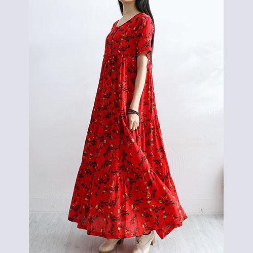 Women high waist cotton Tunics Tutorials red short sleeve prints Robe Dress summer - Omychic