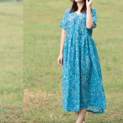 Women high waist linen clothes Sewing blue Dress summer - Omychic