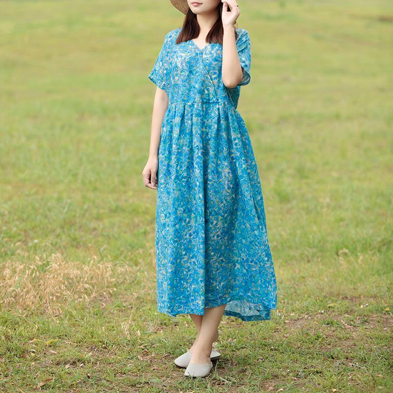 Women high waist linen clothes Sewing blue Dress summer - Omychic