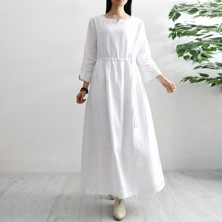 Women high waist linen dress Tunic Tops white o neck Dresses - Omychic