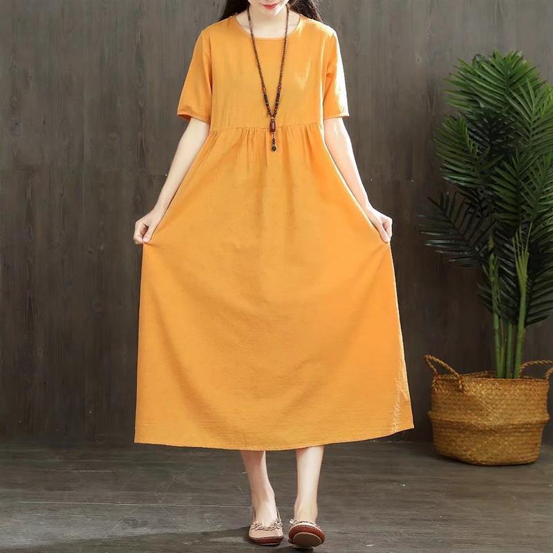 Women high waist linen quilting clothes Wardrobes yellow Dress summer - Omychic