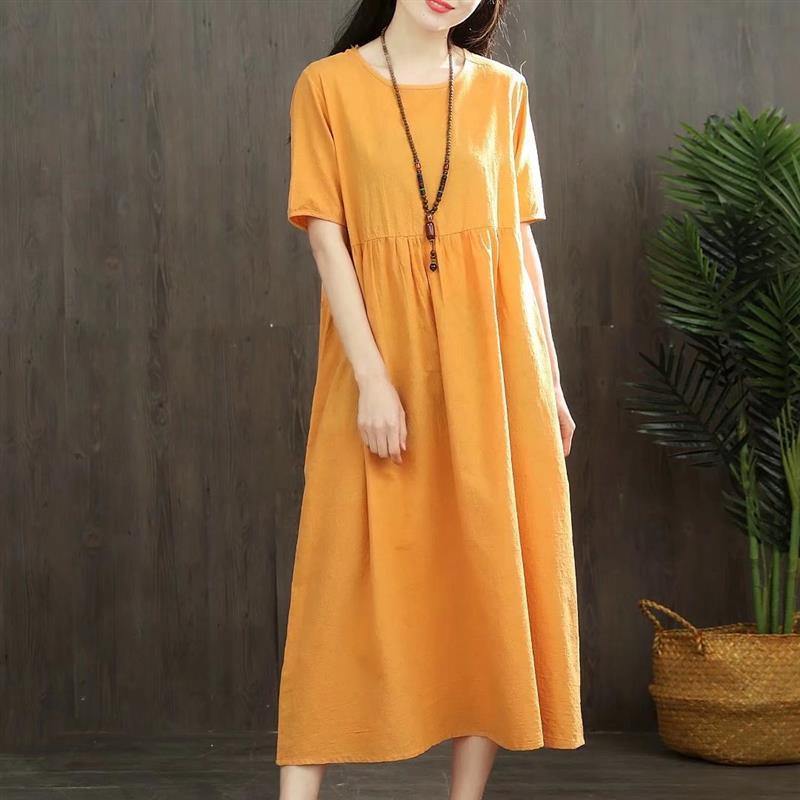 Women high waist linen quilting clothes Wardrobes yellow Dress summer - Omychic