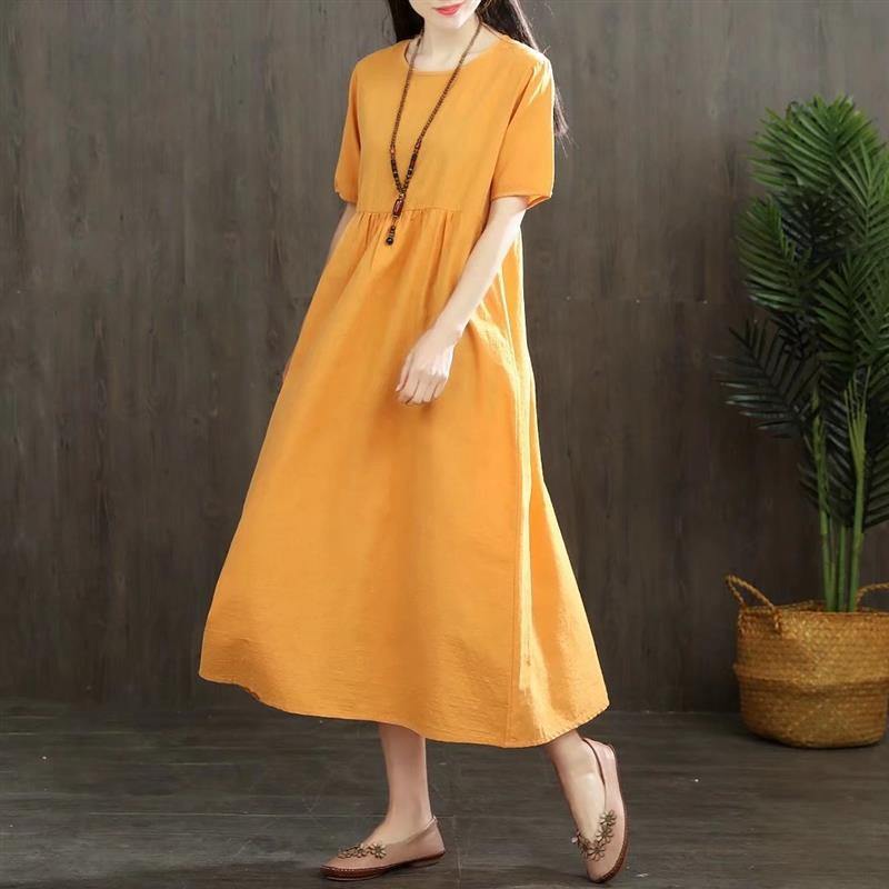 Women high waist linen quilting clothes Wardrobes yellow Dress summer - Omychic