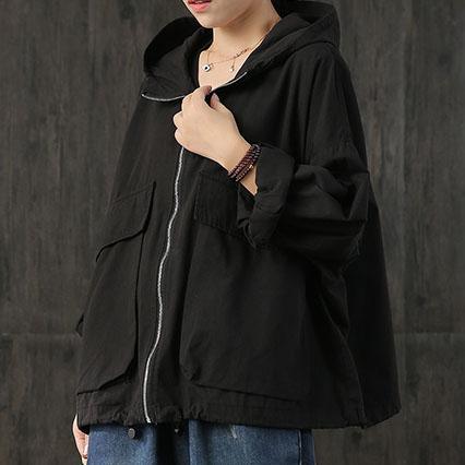 Women hooded cotton Blouse Christmas Gifts black zippered shirts fall - Omychic