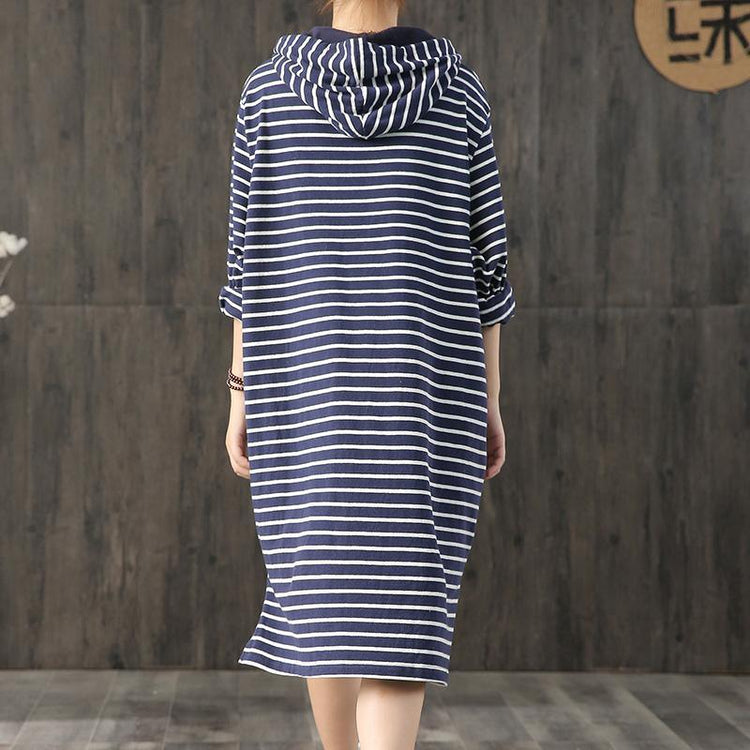 Women hooded cotton clothes Christmas Gifts navy striped prints Dress fall - Omychic