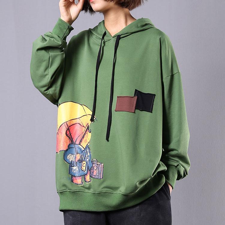 Women hooded cotton top silhouette Inspiration green Cartoon print shirts fall - Omychic
