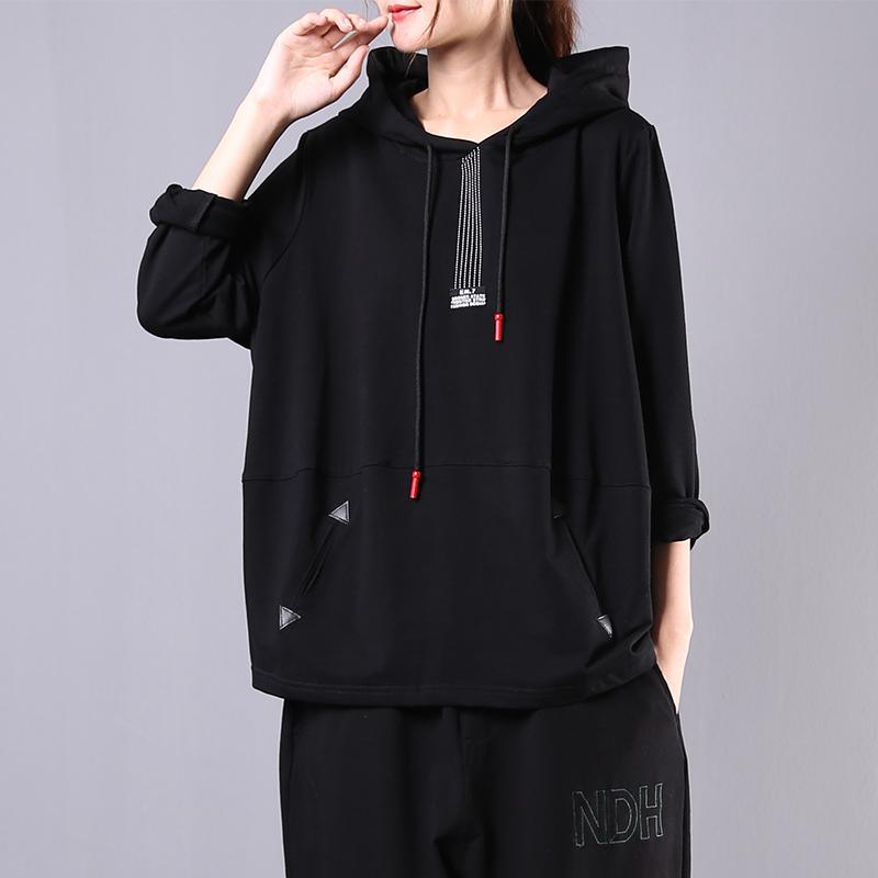 Women hooded drawstring cotton clothes For Women Sleeve black blouse - Omychic