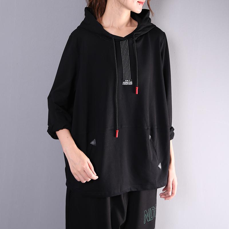 Women hooded drawstring cotton clothes For Women Sleeve black blouse - Omychic