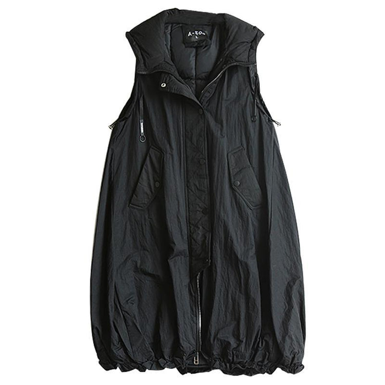 Women hooded pockets Fine tunic coats black Midi women sleeveless coats - Omychic