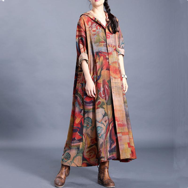 Women hooded pockets Plus Size spring trench coat floral box coat - Omychic