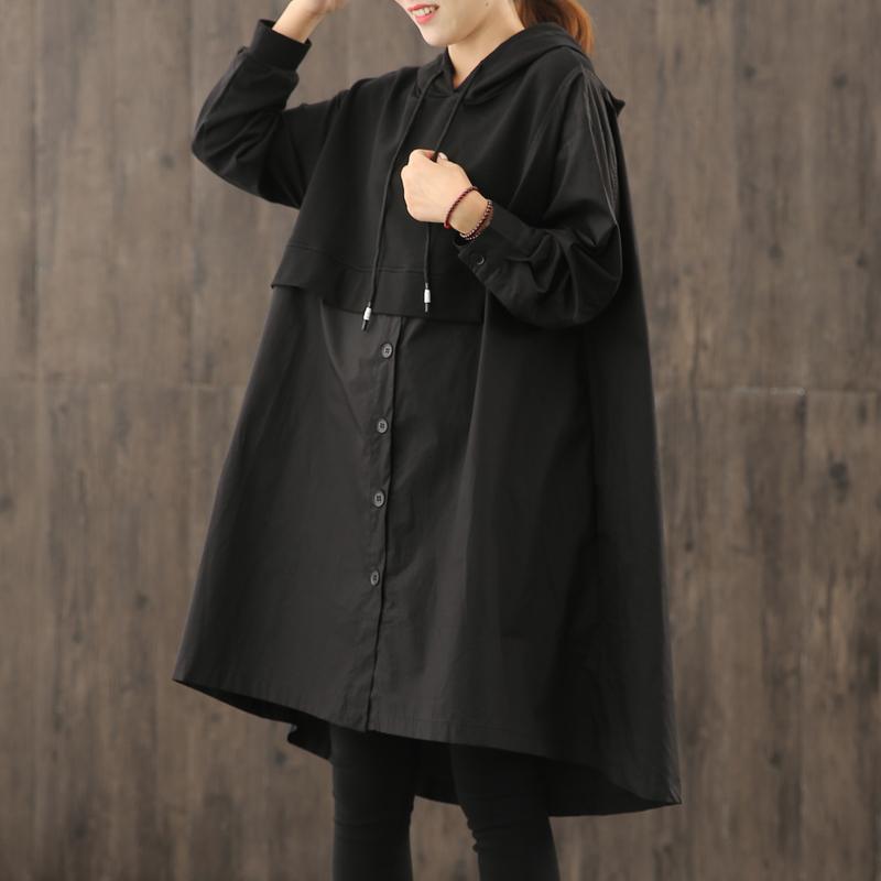 Women hooded wrinkled Plus Size Long coatsblack coat - Omychic