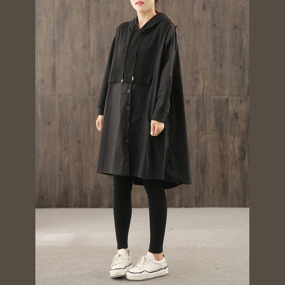 Women hooded wrinkled Plus Size Long coatsblack coat - Omychic