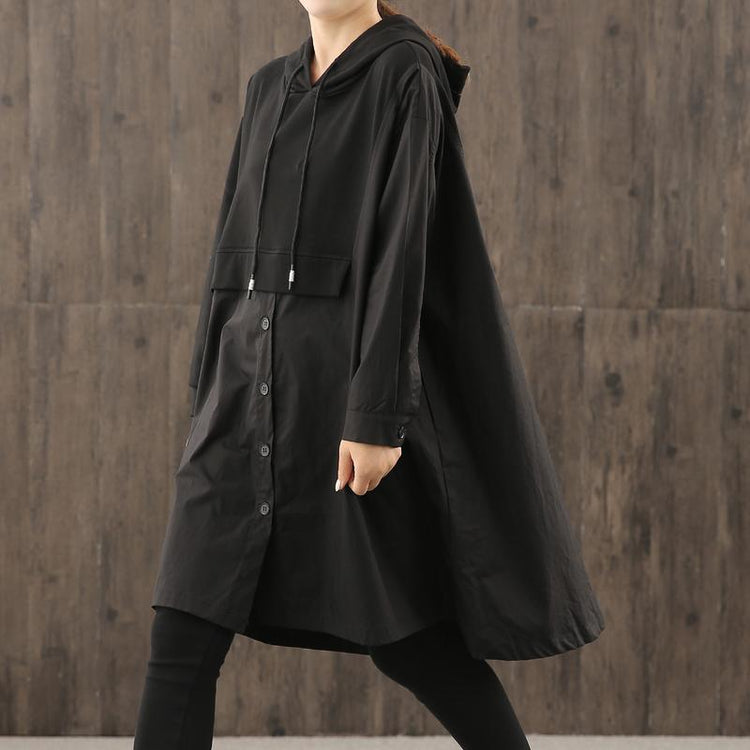 Women hooded wrinkled Plus Size Long coatsblack coat - Omychic