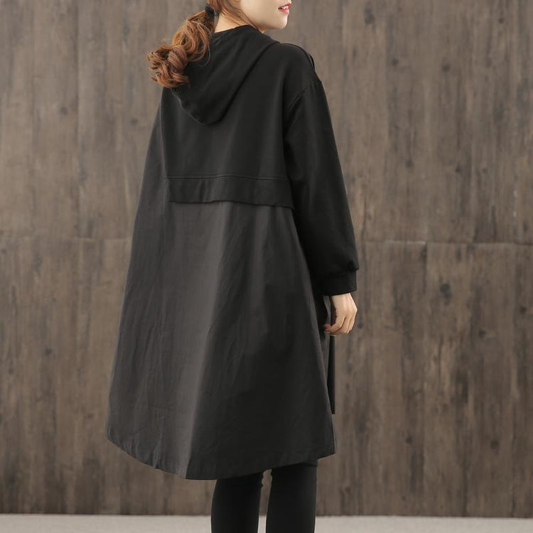 Women hooded wrinkled Plus Size Long coatsblack coat - Omychic