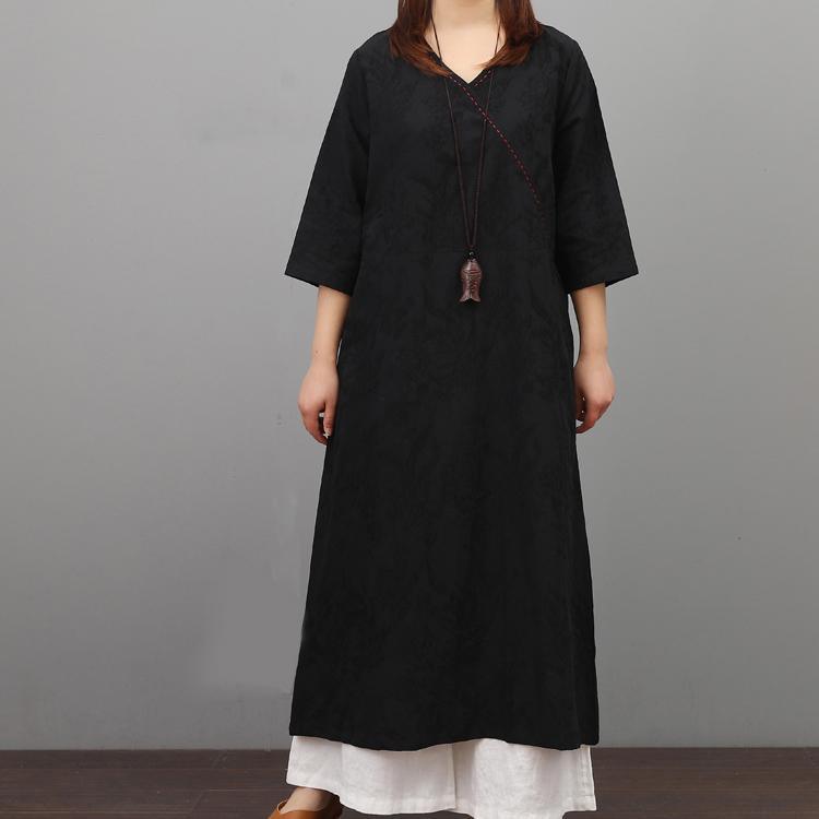 Women jacquard cotton clothes Shape black v neck Dress summer - Omychic