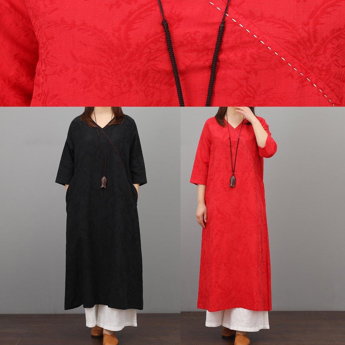 Women jacquard cotton clothes Shape black v neck Dress summer - Omychic