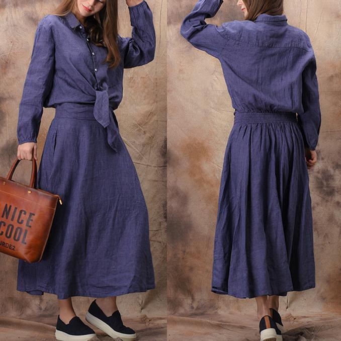 Women lapel Bow cotton clothes For Women Soft light blue Maxi Dress spring - Omychic