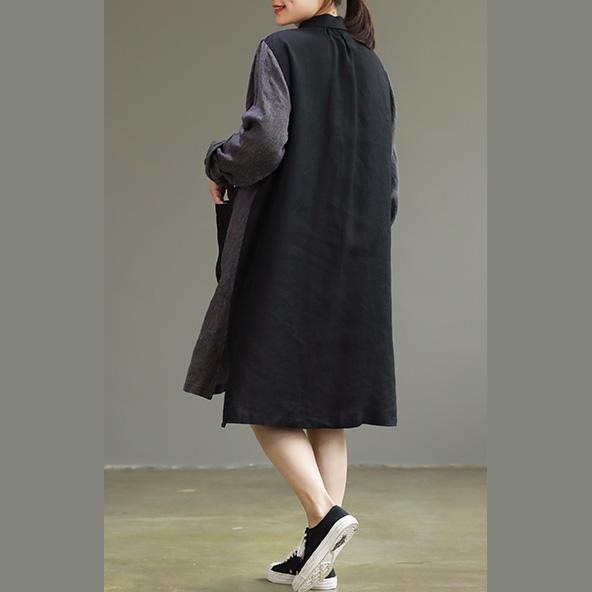 Women lapel Large pockets linen clothes plus size Tunic Tops gray patchwork black baggy Dresses spring - Omychic