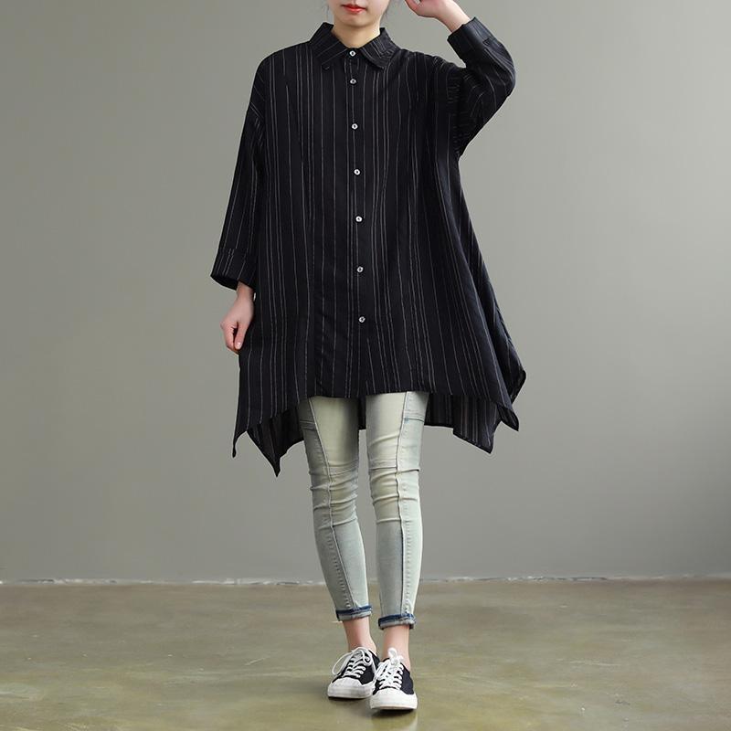 Women lapel asymmetric cotton clothes plus size black tunic blouse - Omychic