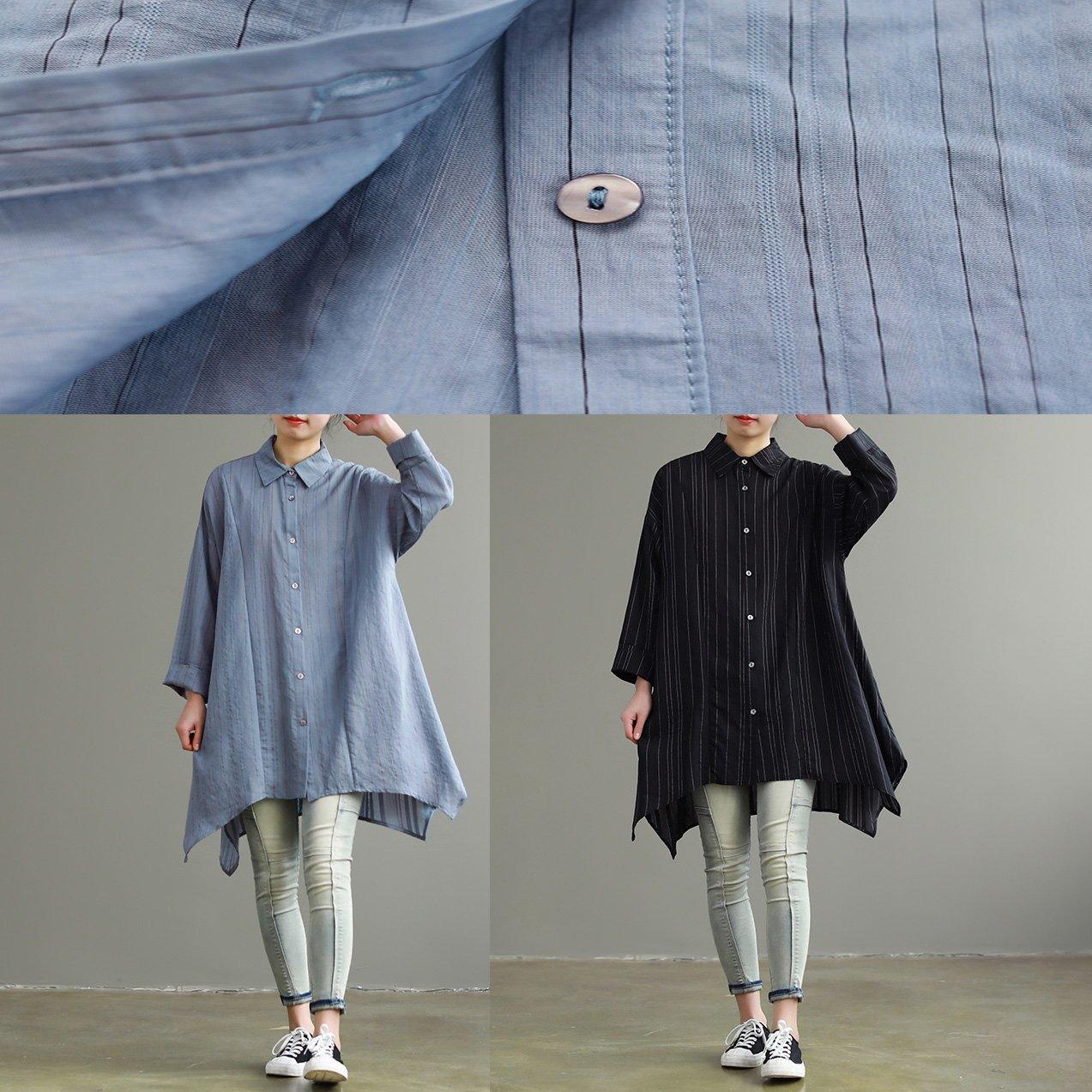 Women lapel asymmetric cotton clothes plus size black tunic blouse - Omychic