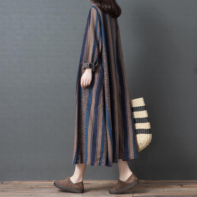 Women lapel collar linen Robes Plus Size Shirts blue striped cotton Dress spring - Omychic
