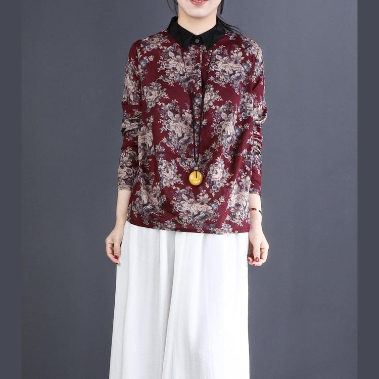 Women lapel cotton Shirts Organic Outfits burgundy floral box blouse - Omychic